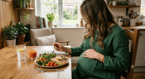 Femme enceinte prenant un repas